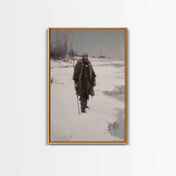 Viking Warrior In Snow Canvas Print, Medieval Winter Landscape Painting, Nordic Wall Art For Rustic Cabin Home Decor Gift
