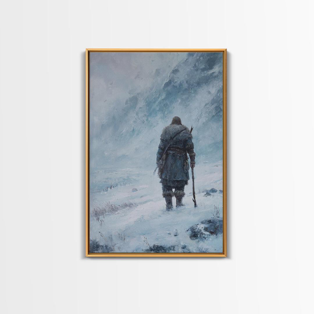 Lone Wanderer In Snowy Mountain Blizzard Wall Art, Viking Winter Landscape Canvas Print For Cabin Decor And Gift For Him