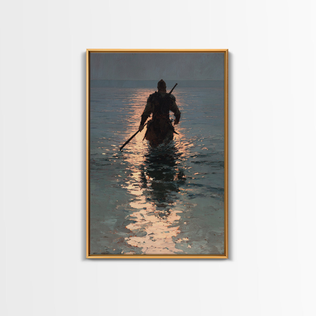 Lone Warrior Wading Through Sunset Sea Wall Art, Moody Seascape Canvas Print, Coastal Fantasy Large Living Room And Office Decor
