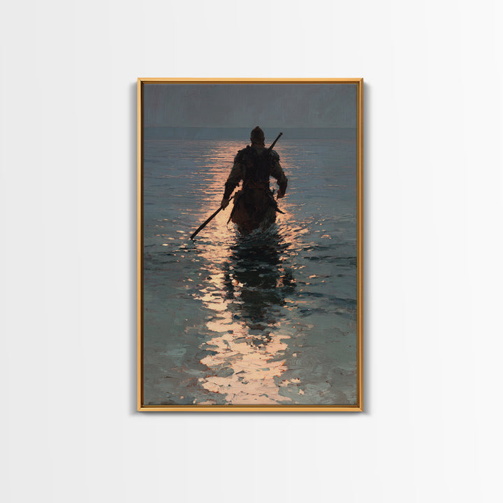 Lone Warrior Wading Through Sunset Sea Wall Art, Moody Seascape Canvas Print, Coastal Fantasy Large Living Room And Office Decor