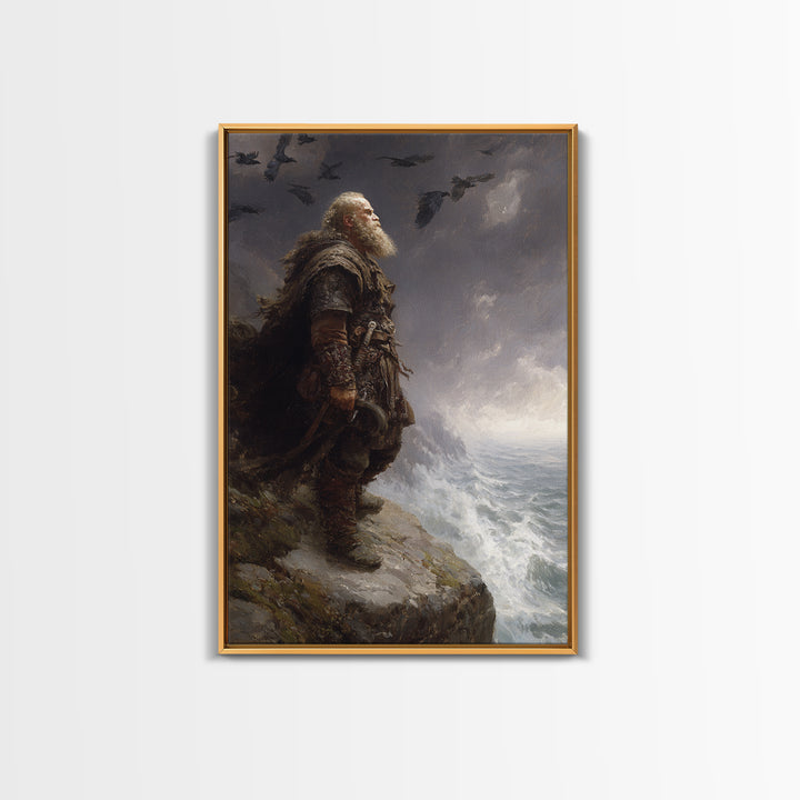 Bearded Viking On Stormy Sea Cliff Wall Art, Norse Raven Seascape Canvas Print, Dark Academia Masculine Decor, Gift For Him