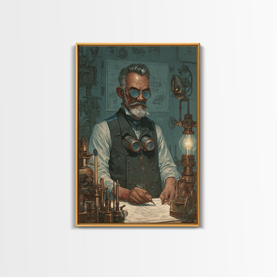 Steampunk Inventor Portrait With Goggles Wall Art, Industrial Office Decor, Science Art Print, Unique Gift For Him, Home Decor