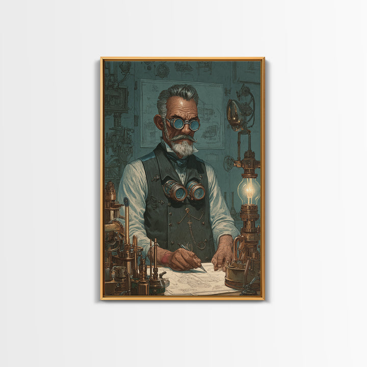 Steampunk Inventor Portrait With Goggles Wall Art, Industrial Office Decor, Science Art Print, Unique Gift For Him, Home Decor