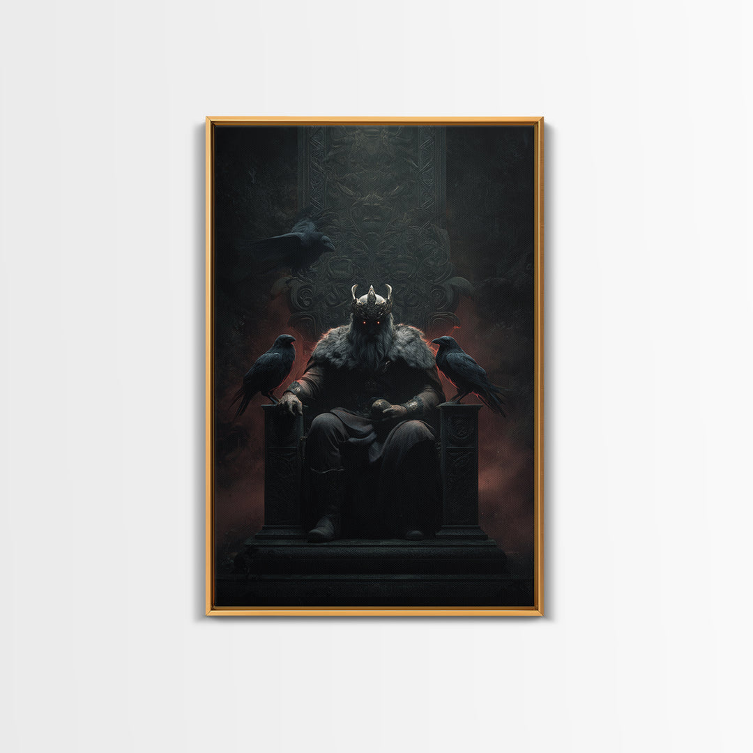 Dark Raven King On Gothic Throne Wall Art, Norse Mythology Fantasy Poster, Moody Viking Decor, Dark Academia Gift For Him