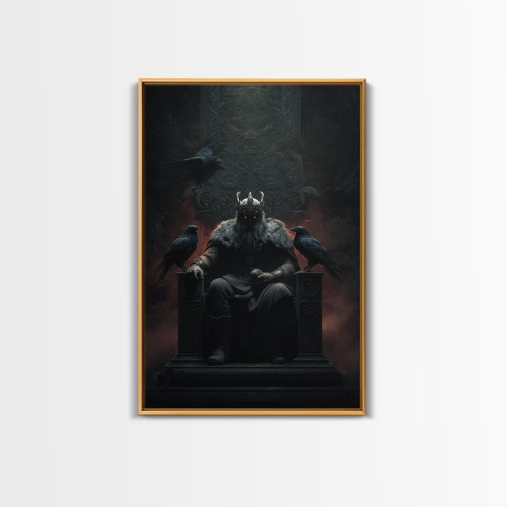 Dark Raven King On Gothic Throne Wall Art, Norse Mythology Fantasy Poster, Moody Viking Decor, Dark Academia Gift For Him