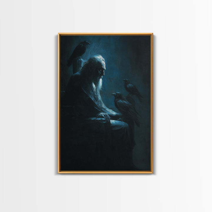 Elder With Ravens In Moody Blue Shadows Wall Art, Gothic Dark Academia Canvas Print For Living Room Decor And Unique Gift