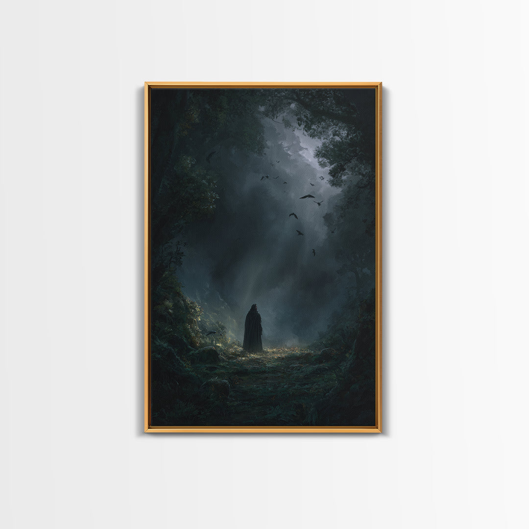 Cloaked Figure In Dark Forest Wall Art, Gothic Fantasy Canvas Print, Moody Nature Decor, Dark Academia Bedroom Wall Decor