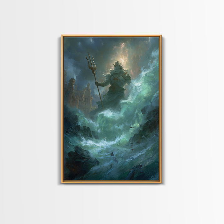 Colossal Sea God With Trident Canvas Print, Mythological Ocean Wall Art, Fantasy Seascape Decor, Dramatic Coastal Gift For Him