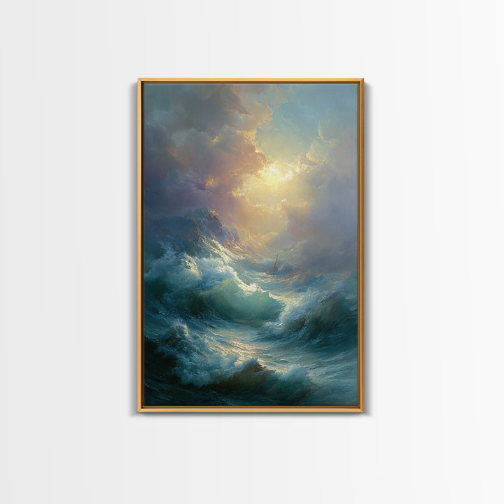 Stormy Ocean Wave Wall Art, Dramatic Seascape Oil Painting, Coastal Canvas Decor For Living Room And Beach House Gift Idea