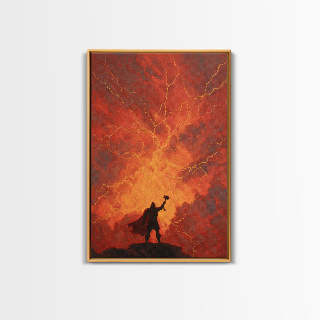 Thor Hammer Lightning Wall Art, Norse Mythology Storm Painting, Dramatic Red Sky Canvas Decor For Fantasy Home Office Gift