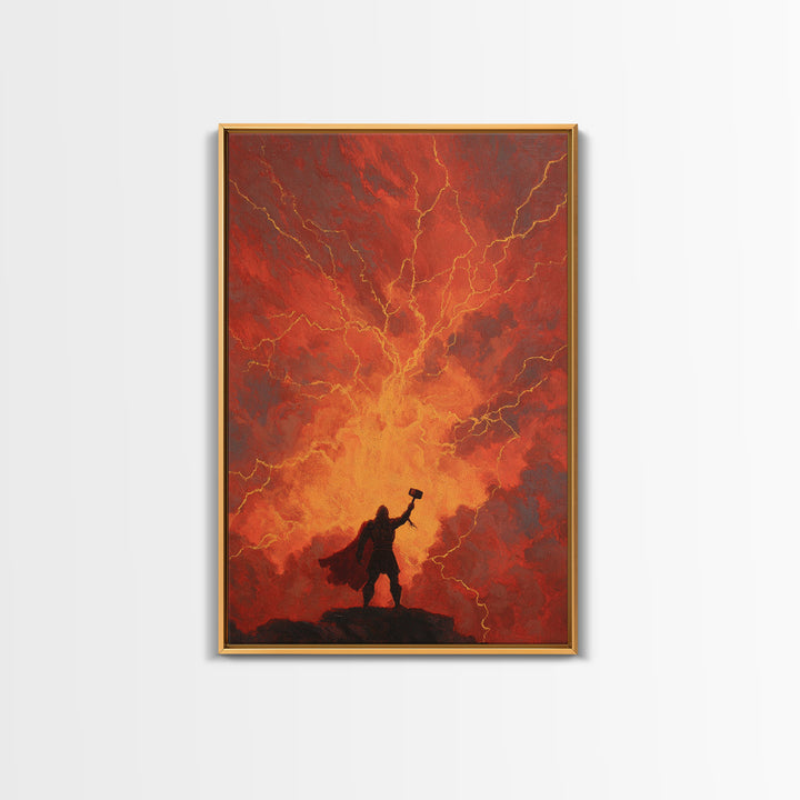 Thor Hammer Lightning Wall Art, Norse Mythology Storm Painting, Dramatic Red Sky Canvas Decor For Fantasy Home Office Gift