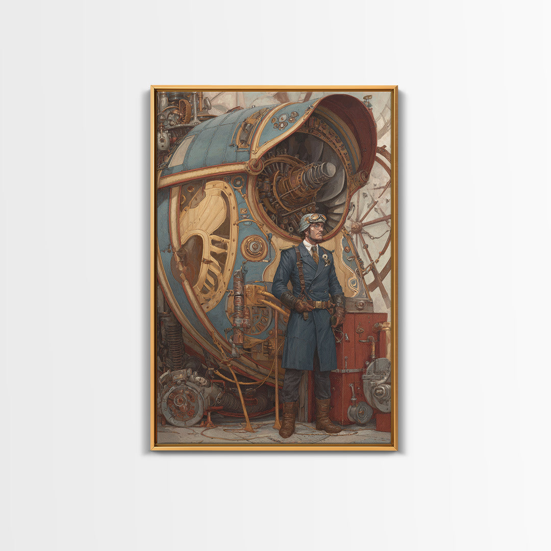 Steampunk Aviator Beside Airship Engine Framed Canvas Print, Industrial Wall Decor, Fantasy Art, Office Decor, Gift For Him