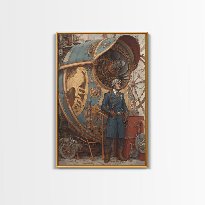 Steampunk Aviator Beside Airship Engine Framed Canvas Print, Industrial Wall Decor, Fantasy Art, Office Decor, Gift For Him