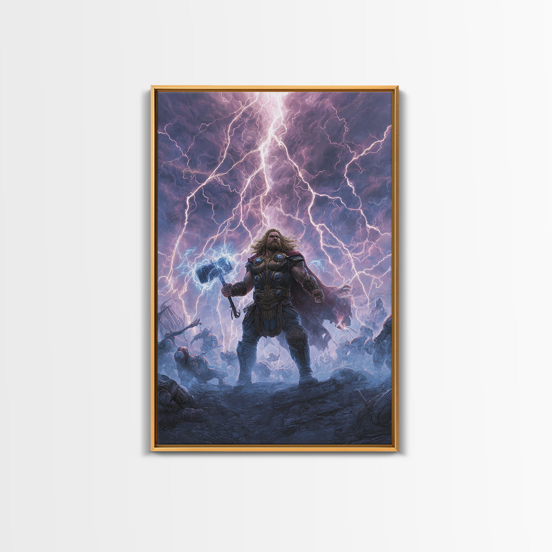 Thunder Warrior With Hammer In Lightning Storm Wall Art, Norse Mythology Canvas Print, Viking Decor, Epic Fantasy Gift For Him