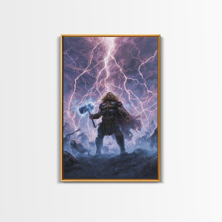 Thunder Warrior With Hammer In Lightning Storm Wall Art, Norse Mythology Canvas Print, Viking Decor, Epic Fantasy Gift For Him