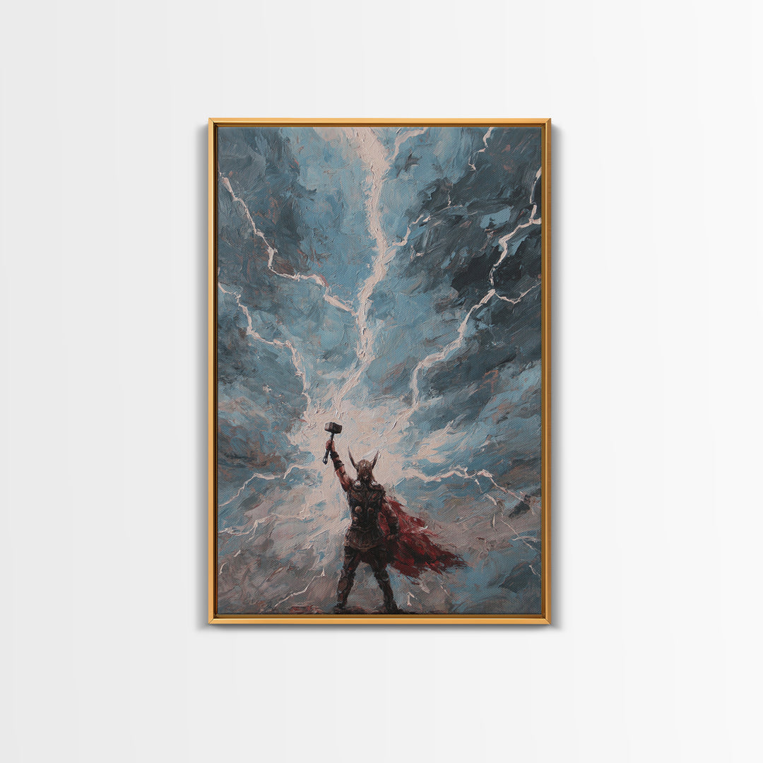 Norse Thunder Warrior Raising Hammer Wall Art, Lightning Storm Canvas Print For Fantasy Decor And Mythology Gift For Him