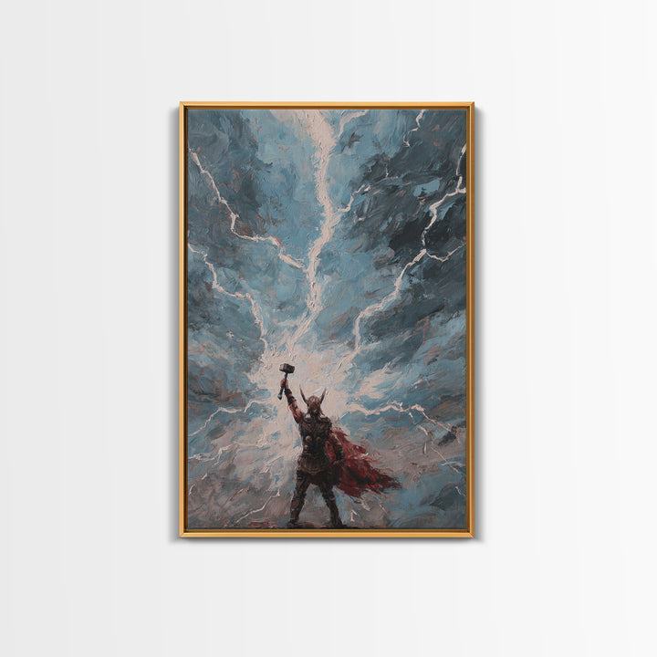 Norse Thunder Warrior Raising Hammer Wall Art, Lightning Storm Canvas Print For Fantasy Decor And Mythology Gift For Him