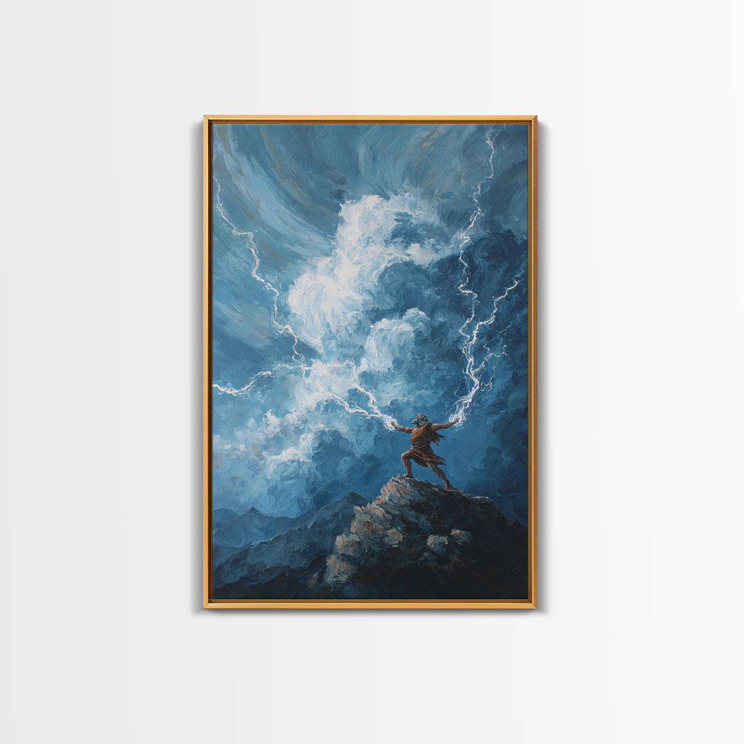 Tiny Warrior On Mountain Summoning Lightning Wall Art, Epic Storm Canvas Print For Fantasy Landscape Decor And Gift For Him