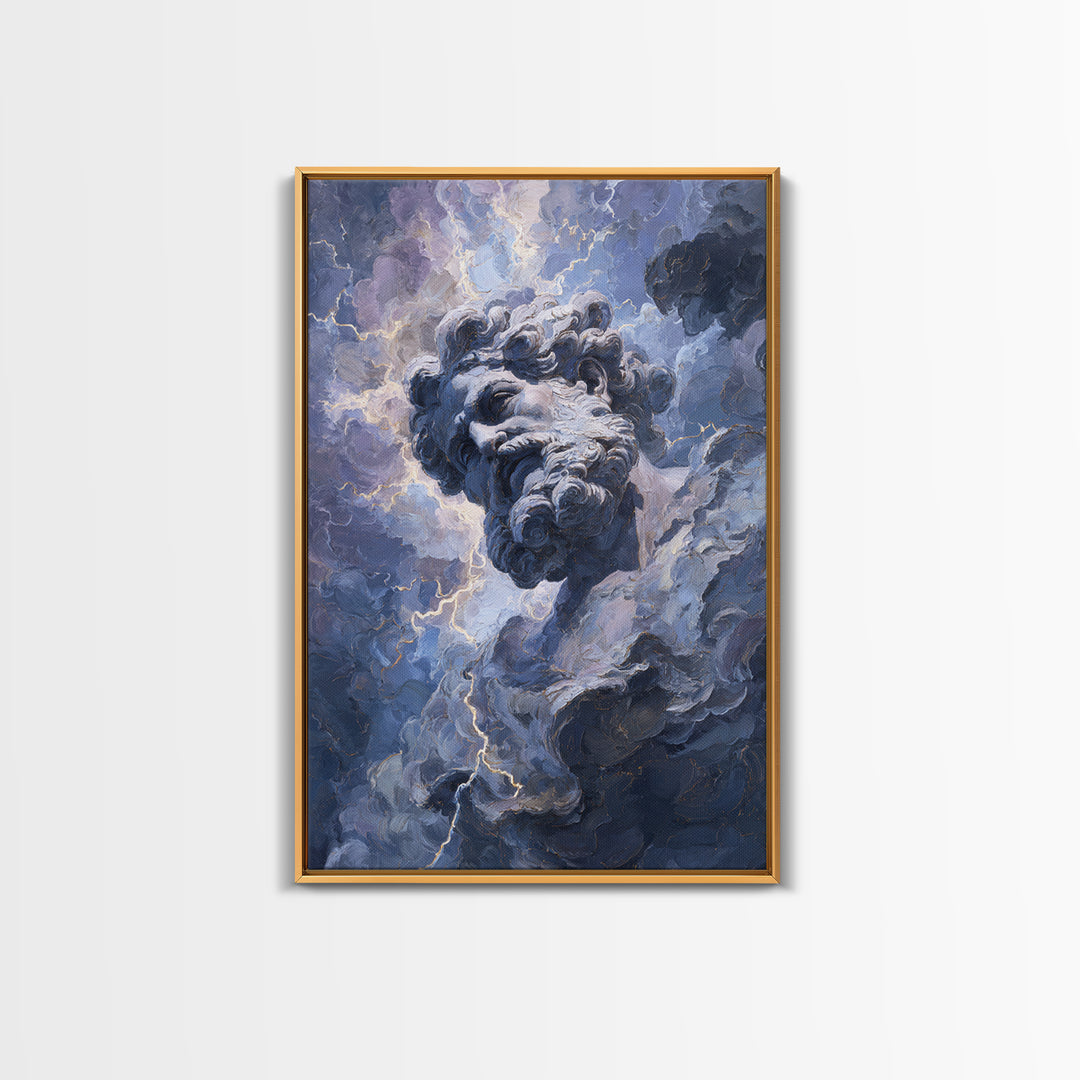 Classical Marble God In Thunder Clouds Framed Canvas Print, Mythology Wall Art, Dramatic Storm Decor, Dark Academia Gift