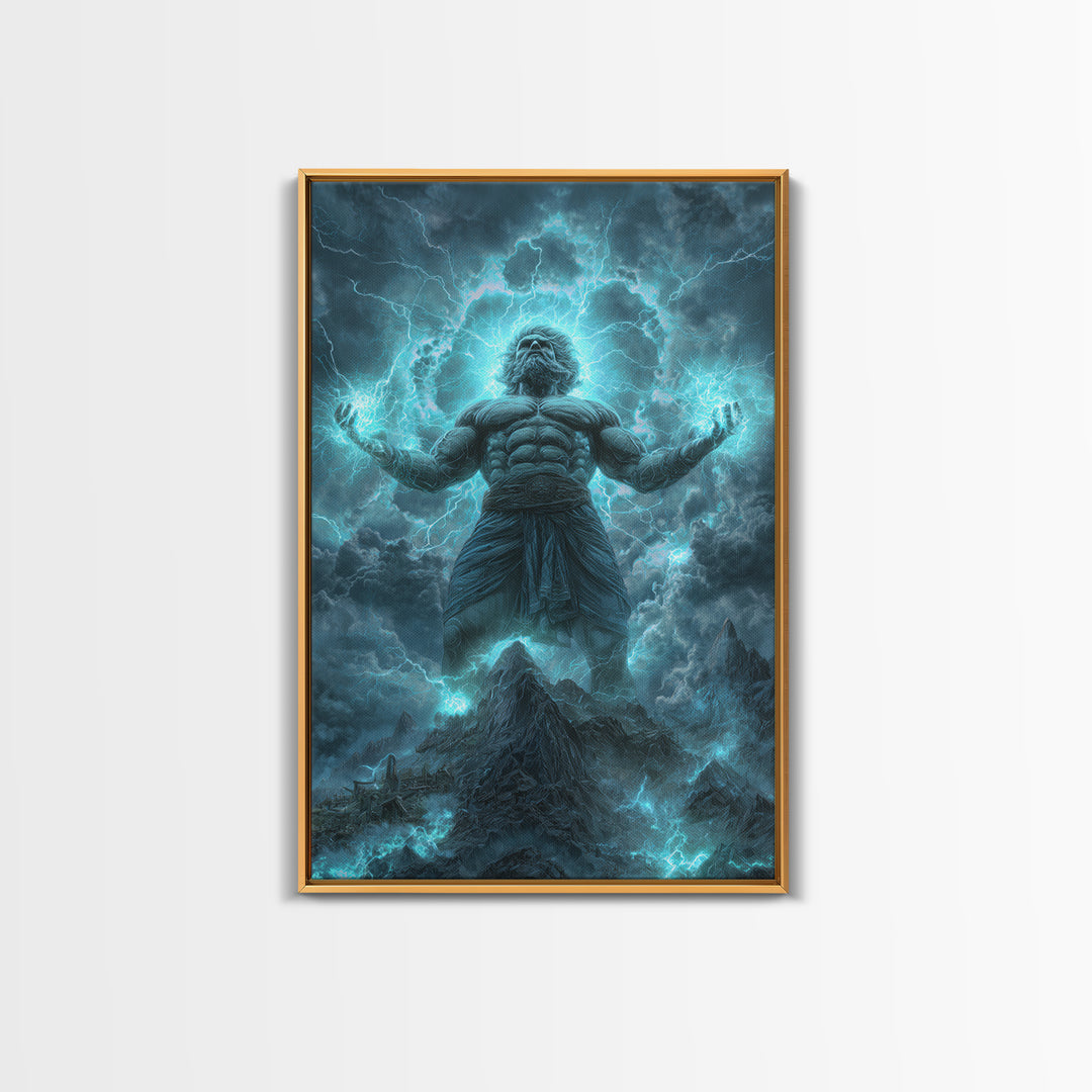 Titan Storm God Above Mountains Wall Art, Mythological Lightning Canvas Print, Fantasy Landscape Decor, Powerful Gift For Him