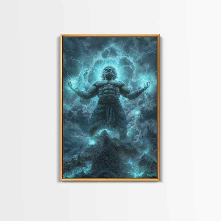 Titan Storm God Above Mountains Wall Art, Mythological Lightning Canvas Print, Fantasy Landscape Decor, Powerful Gift For Him