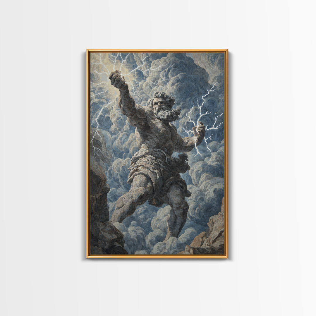 Zeus Lightning God Wall Art, Greek Mythology Statue Painting, Dramatic Storm Clouds Canvas Decor For Classical Home Gift