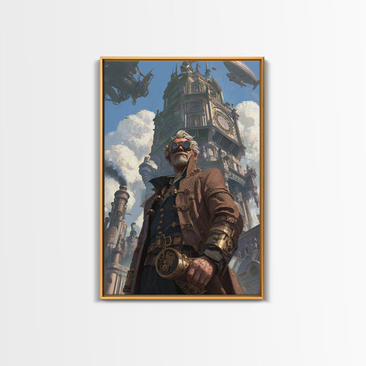 Steampunk Explorer In Futuristic City Wall Art, Airship Fantasy Art Print, Industrial Decor, Statement Office Art, Living Room Decor