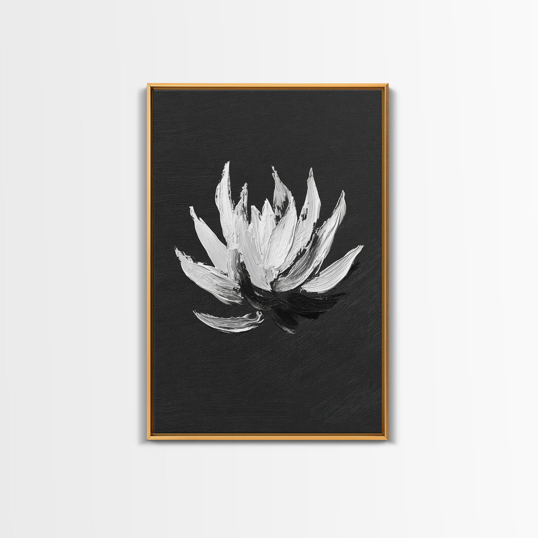 Black and White Oil Painting of Lotus Flower Minimalist Wall Art Original Canvas Print for Modern Home Decor