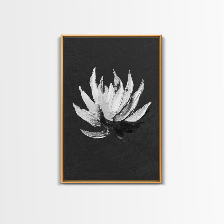 Black and White Oil Painting of Lotus Flower Minimalist Wall Art Original Canvas Print for Modern Home Decor