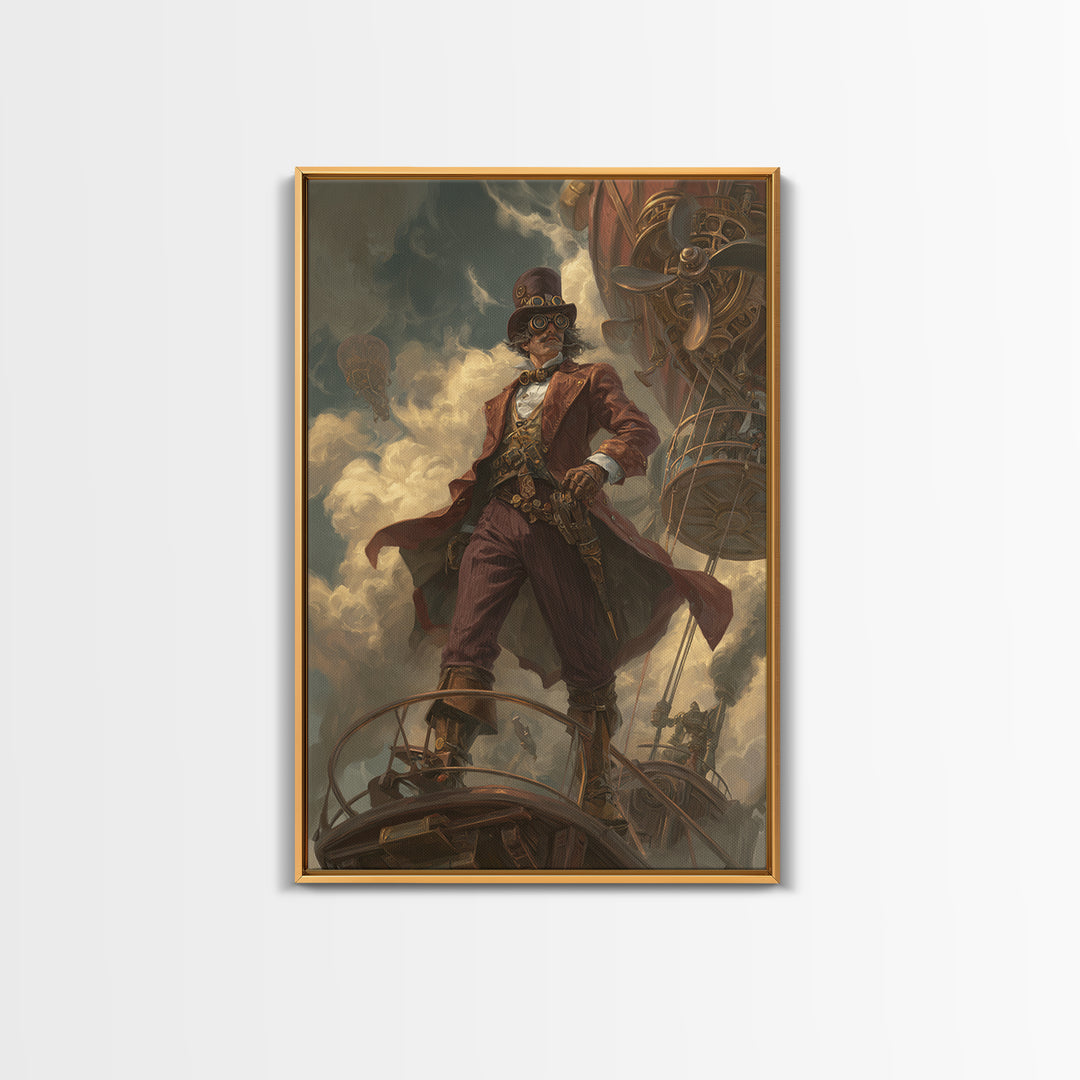 Airship Captain In Storm Clouds Canvas Print, Steampunk Fantasy Art, Industrial Wall Decor, Masculine Office Decor, Gift For Him