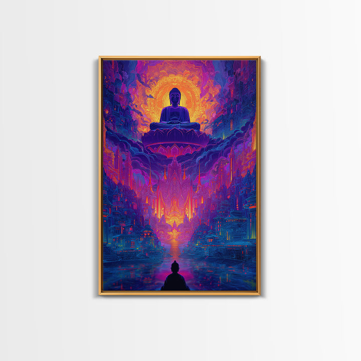 Vibrant Spiritual Buddha Cityscape With Radiant Glow Wall Art Modern Home Decor