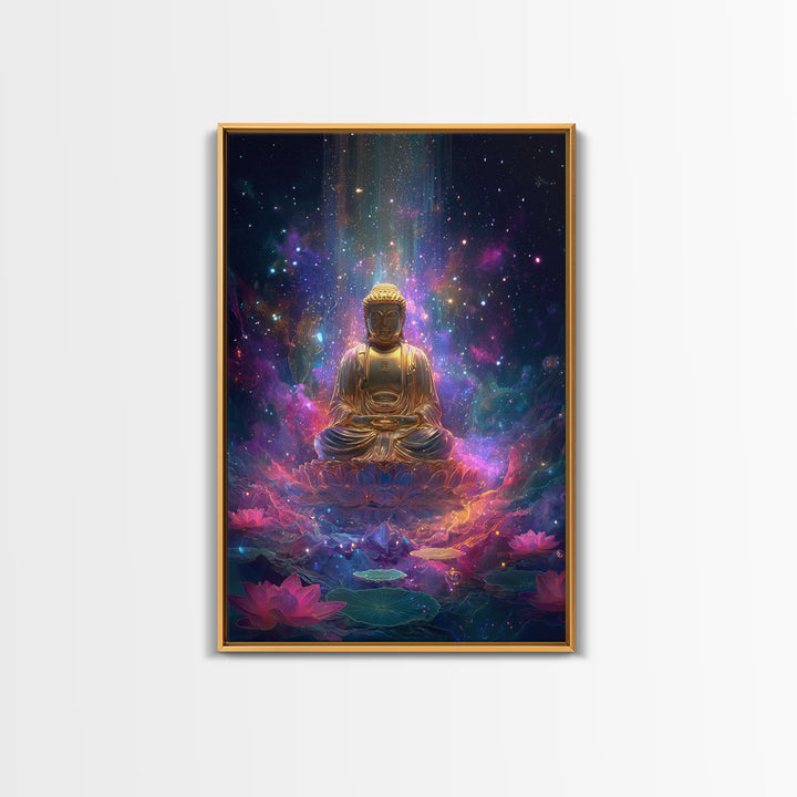 Colorful Glowing Golden Buddha In Cosmic Space Spiritual Wall Art Framed Canvas Print For Home
