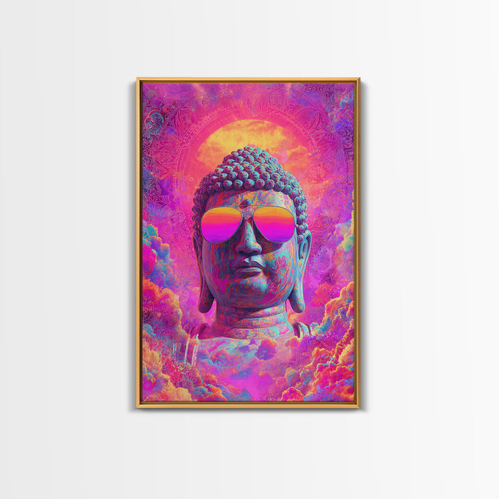 Vibrant Psychedelic Buddha With Colorful Sunglasses Spiritual Wall Art Framed Canvas Print