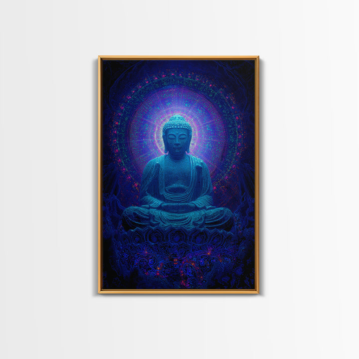 Mystical Blue Buddha Statue With Radiant Halo Spiritual Wall Art Framed Canvas Print For Meditation Room Decor