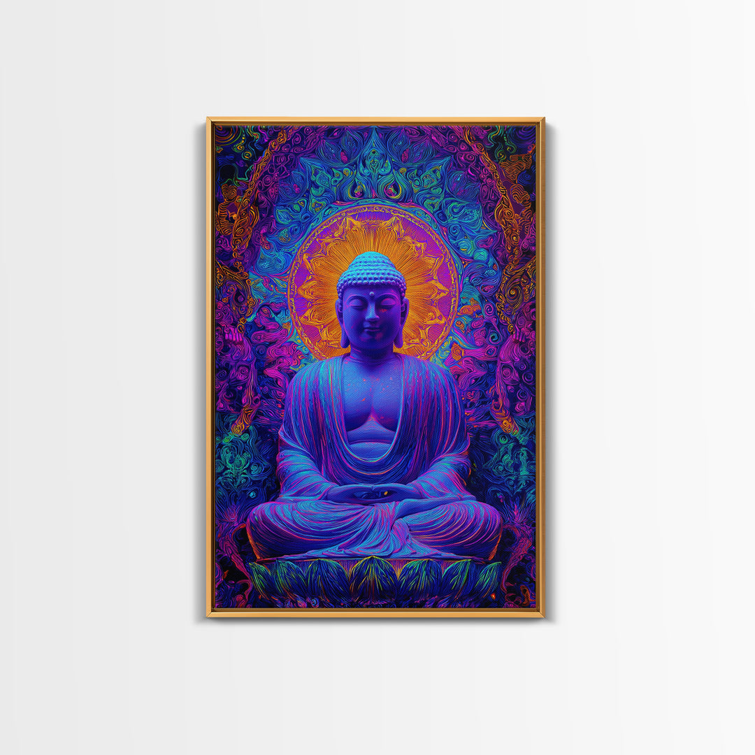 Vibrant Psychedelic Buddha Meditation Digital Painting Modern Wall Art Framed Canvas Print Spiritual Decor