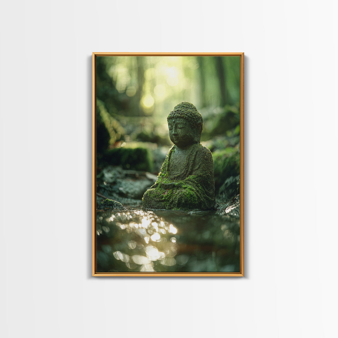 Serene Moss covered Buddha Statue Meditation Forest Wall Art Framed Canvas Print For Zen Home Decor
