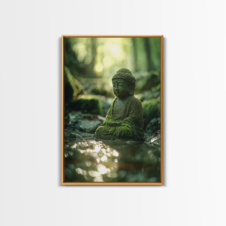 Serene Moss covered Buddha Statue Meditation Forest Wall Art Framed Canvas Print For Zen Home Decor