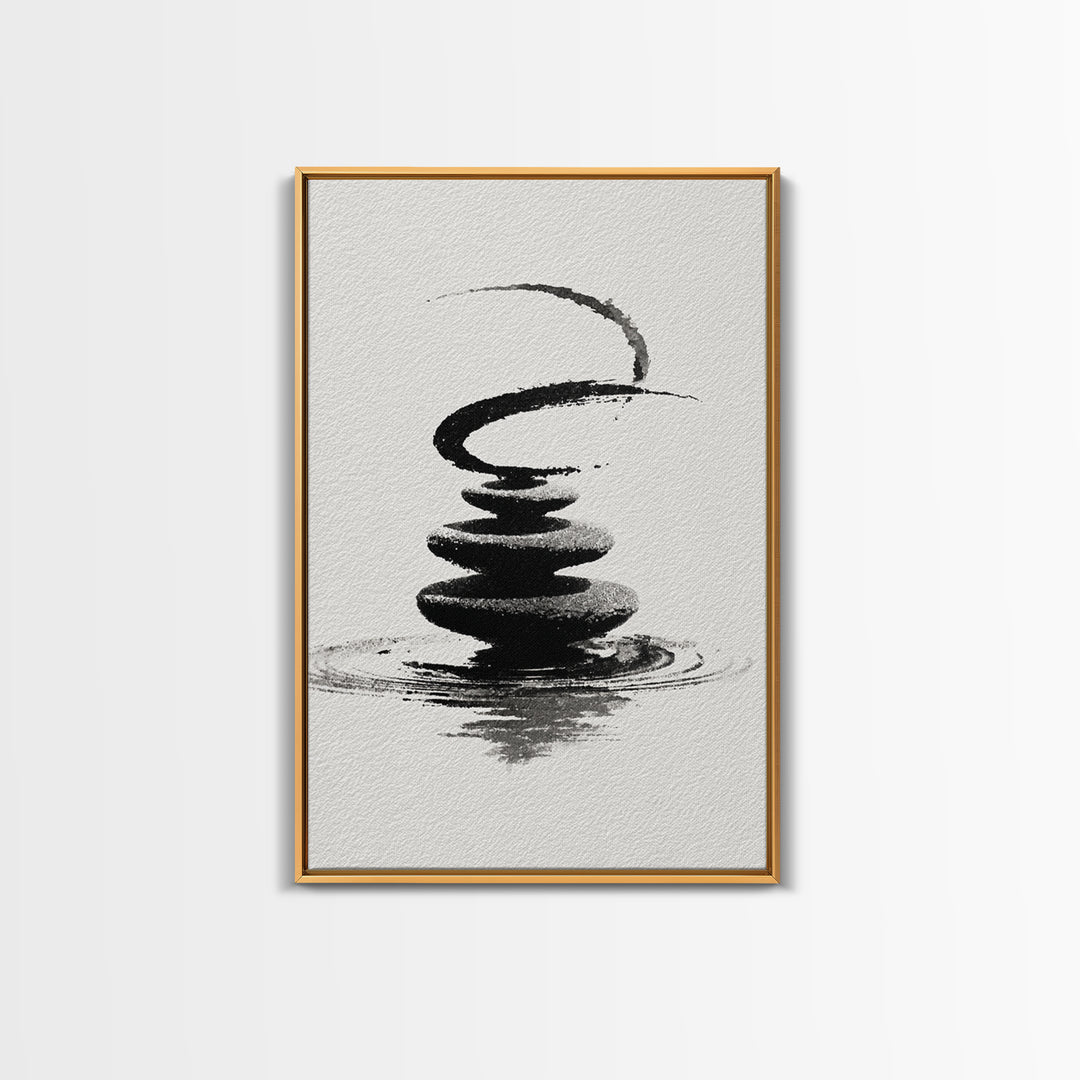 Zen Black And White Inkwash Painting Of Stacked Stones With Circle And Ripples Minimalist Wall Art For Office Decor Canvas Print