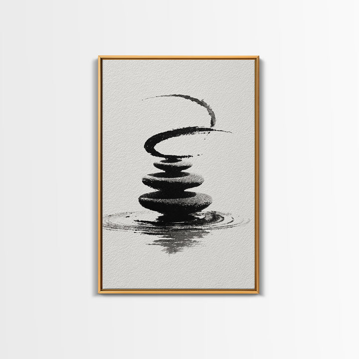 Zen Black And White Inkwash Painting Of Stacked Stones With Circle And Ripples Minimalist Wall Art For Office Decor Canvas Print