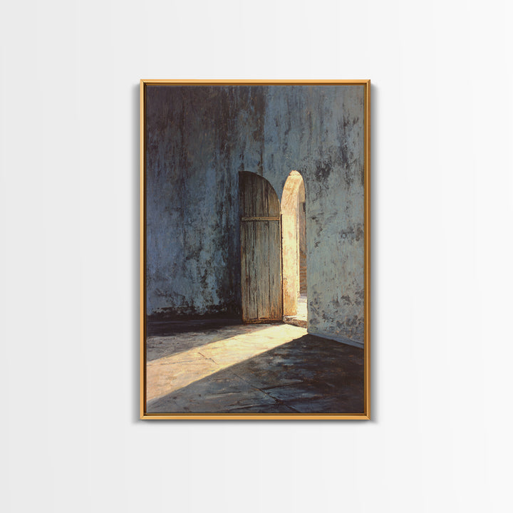 Sunlit Rustic Wooden Doorway In Textured Blue Wall Original Oil Painting Wall Art Framed Canvas Print Historic Architectural Art Print
