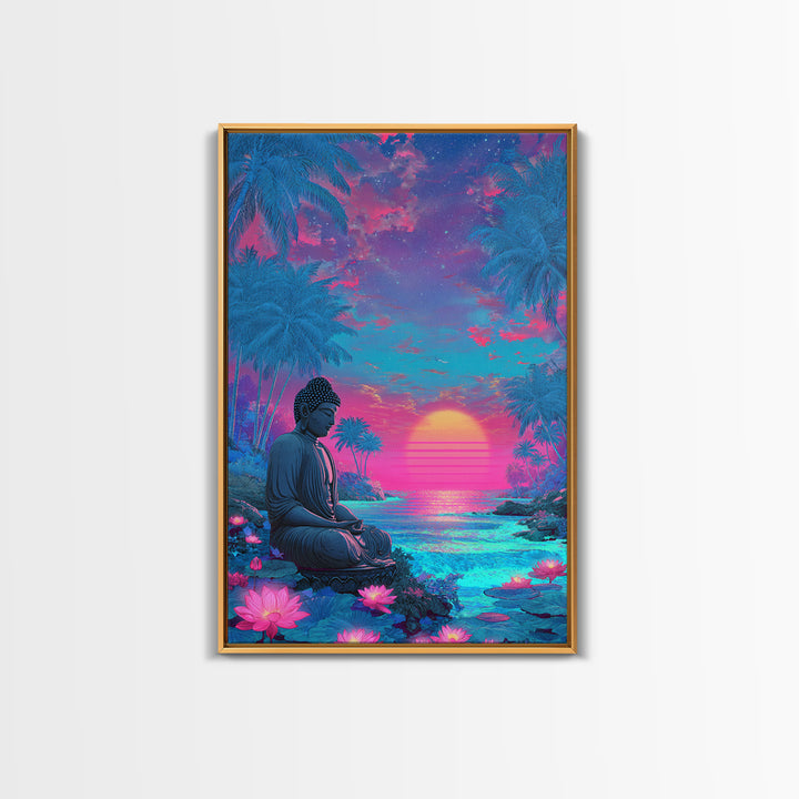Vibrant Sunlit Buddha Amid Tropical Plants Calm Spiritual Wall Art Canvas Print For Meditation Room or Bedroom Decor