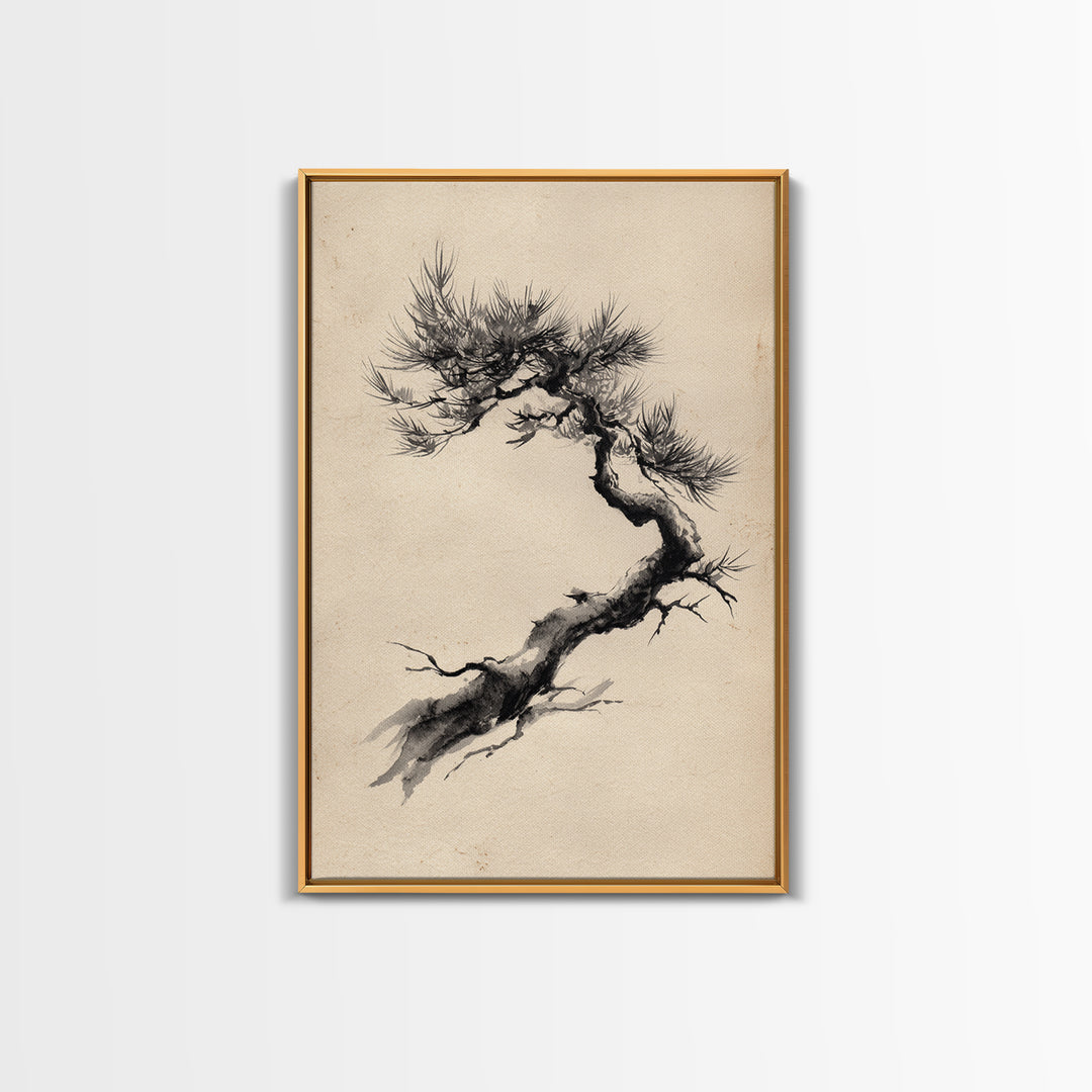 Elegant Black Ink Brush Style Bonsai Tree On Textured Natural Paper Minimalist Botanical Wall Art Print