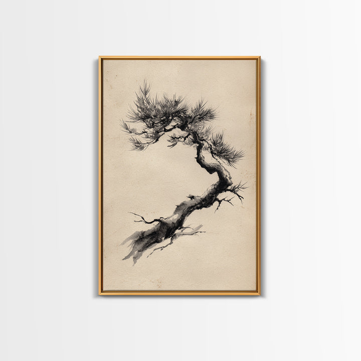 Elegant Black Ink Brush Style Bonsai Tree On Textured Natural Paper Minimalist Botanical Wall Art Print