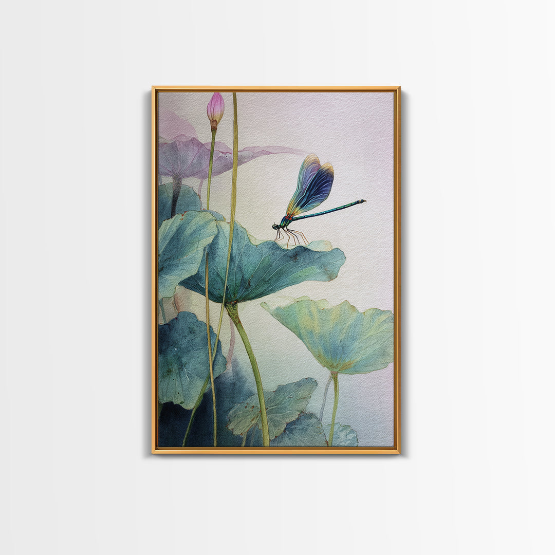 Elegant Watercolor Painting Of Dragonfly On Lotus Leaves With Soft Pastel Background Abstract Art Print Wall Art
