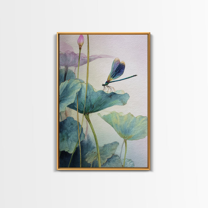 Elegant Watercolor Painting Of Dragonfly On Lotus Leaves With Soft Pastel Background Abstract Art Print Wall Art