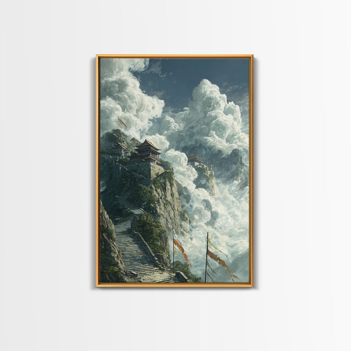 Epic Mountainous Landscape With Towering Clouds And Ancient Temple Original Scenic Wall Art Framed Canvas Print Dramatic Nature Painting