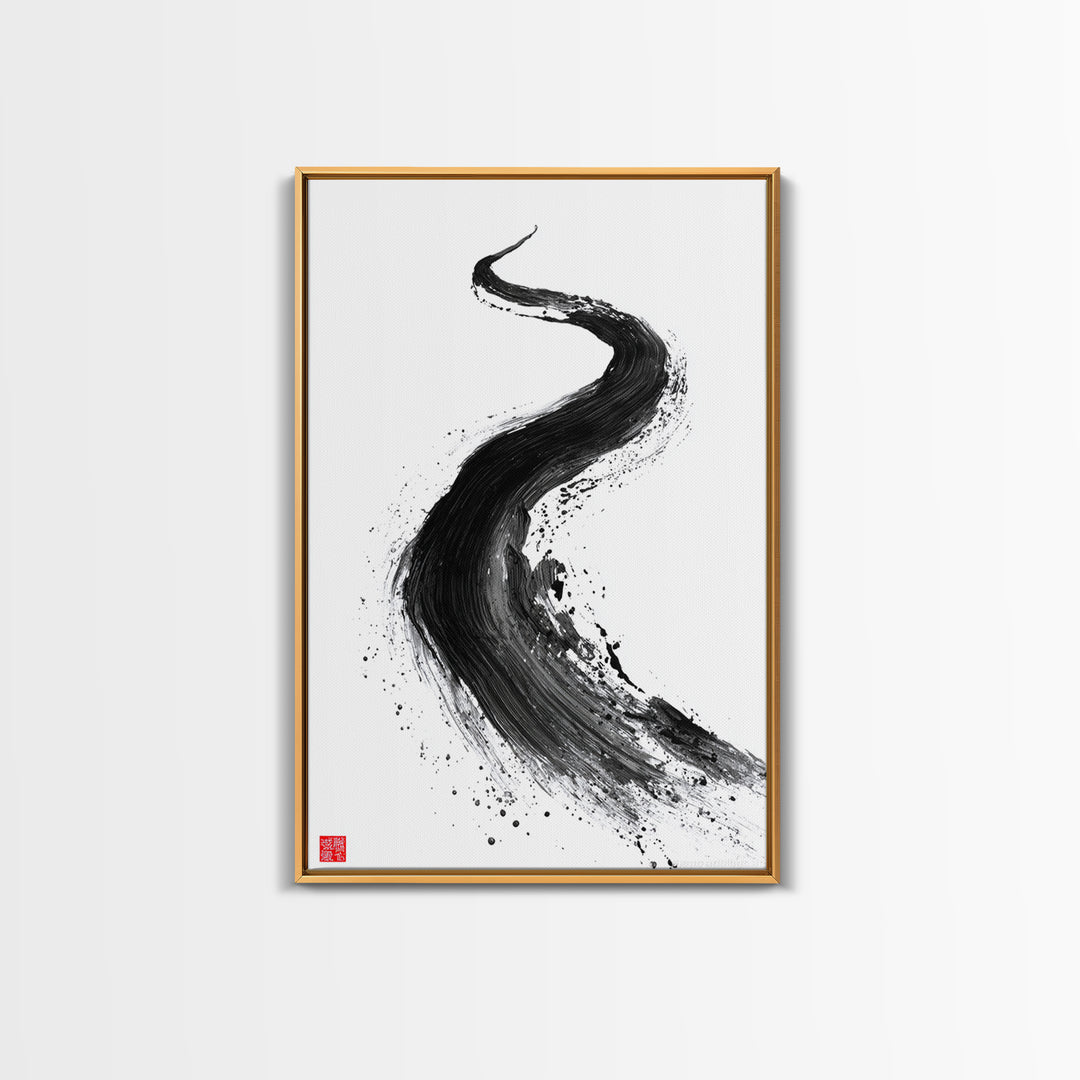 Dynamic Abstract Black Ink Brush Stroke Flow Calligraphy Art Print Minimalist Wall Art For Modern Home Decor Framed Canvas Print