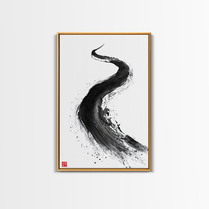 Dynamic Abstract Black Ink Brush Stroke Flow Calligraphy Art Print Minimalist Wall Art For Modern Home Decor Framed Canvas Print