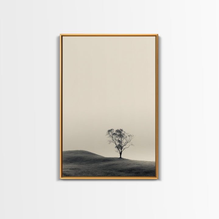 Solitary Tree Landscape Black White Minimalist Nature Wall Art Print Framed Canvas Print For Modern Home Decor