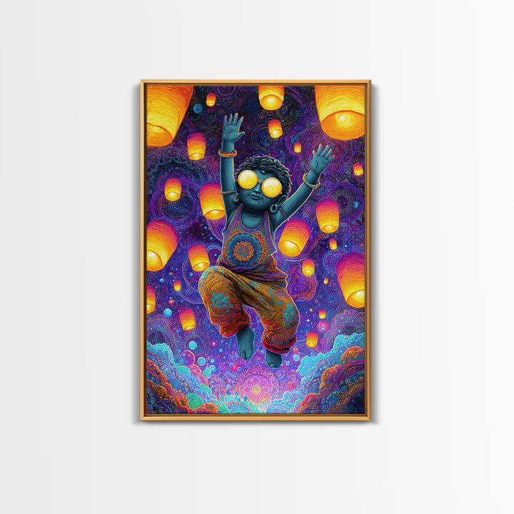 Joyful Blue Child With Lanterns Colorful Abstract Painting Wall Art For Kids Room